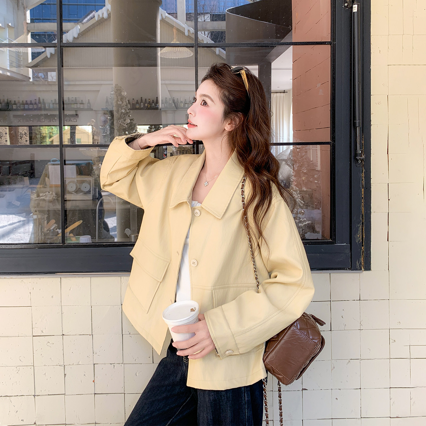 条纹袖口黄色减龄港风皮衣外套女春季2026新款小个子短款PU皮夹克