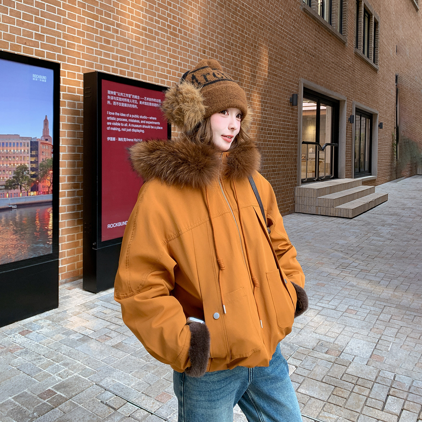 橘色工装加绒加厚短款派克服冲锋衣女冬季2025新款百搭真毛领外套,女装/女士精品,派克服,淘宝优惠券,粉丝福利购,淘宝优惠卷