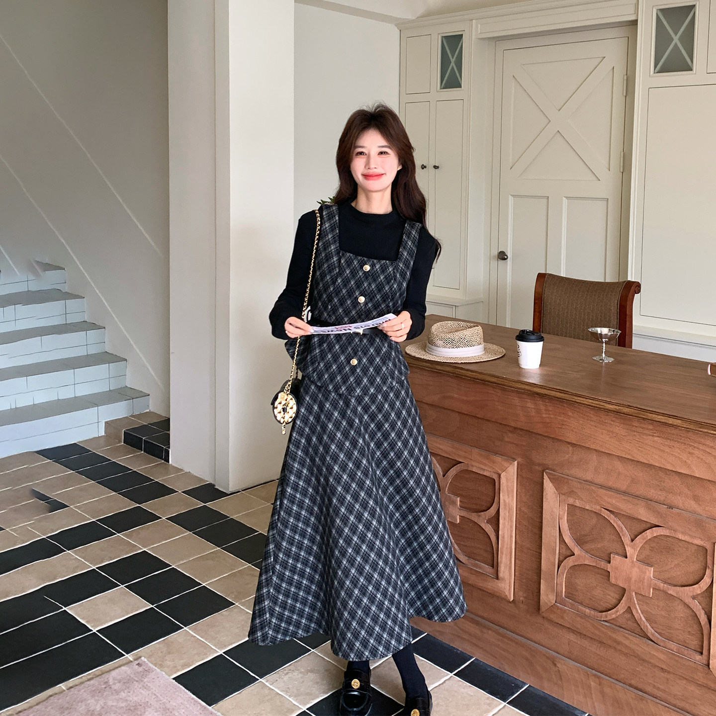 港风复古格子吊带半身裙套装女春