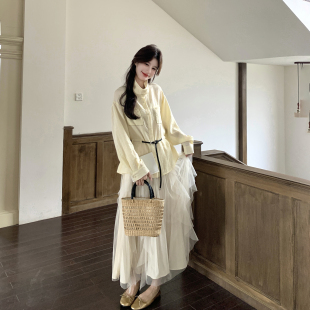 2026新款 女春季 甜美网纱半身裙两件套 套装 淡人高知穿搭一整套衬衫