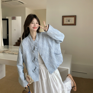 超好看蓝色蝴蝶结提花短外套女春季 小个子设计感立领上衣 2026新款