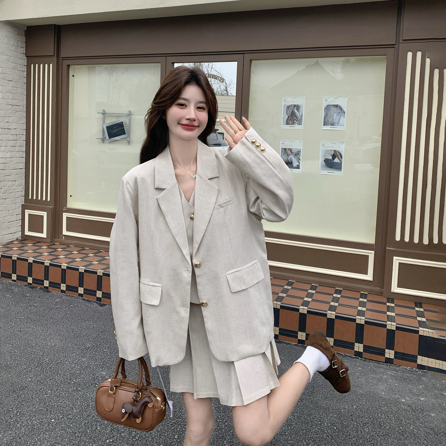 学院风减龄西装马甲百褶裙套装女春季2026新款巨好看小个子三件套