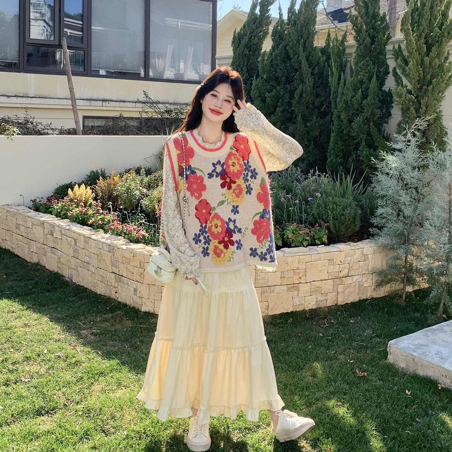 彩色碎花针织马甲蕾丝衫套装裙女