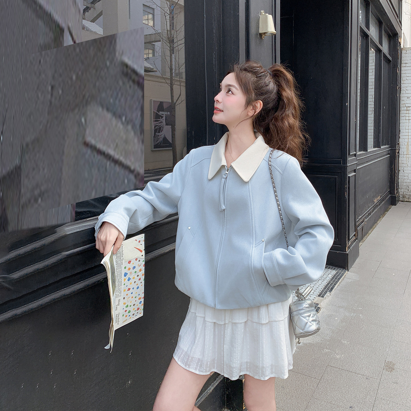 撞色拼接超火蓝色短款外套女春季2026新款小个子巨好看高级感夹克