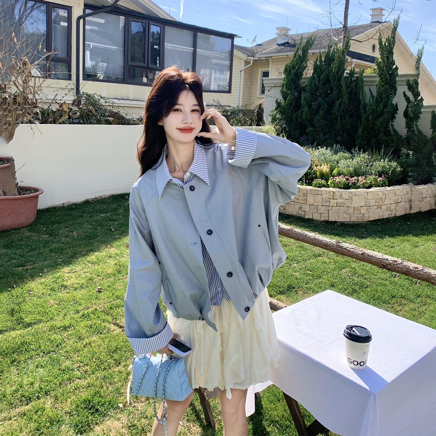 假两件条纹拼接蓝色短外套女春季2026新款小个子减龄百搭夹克上衣