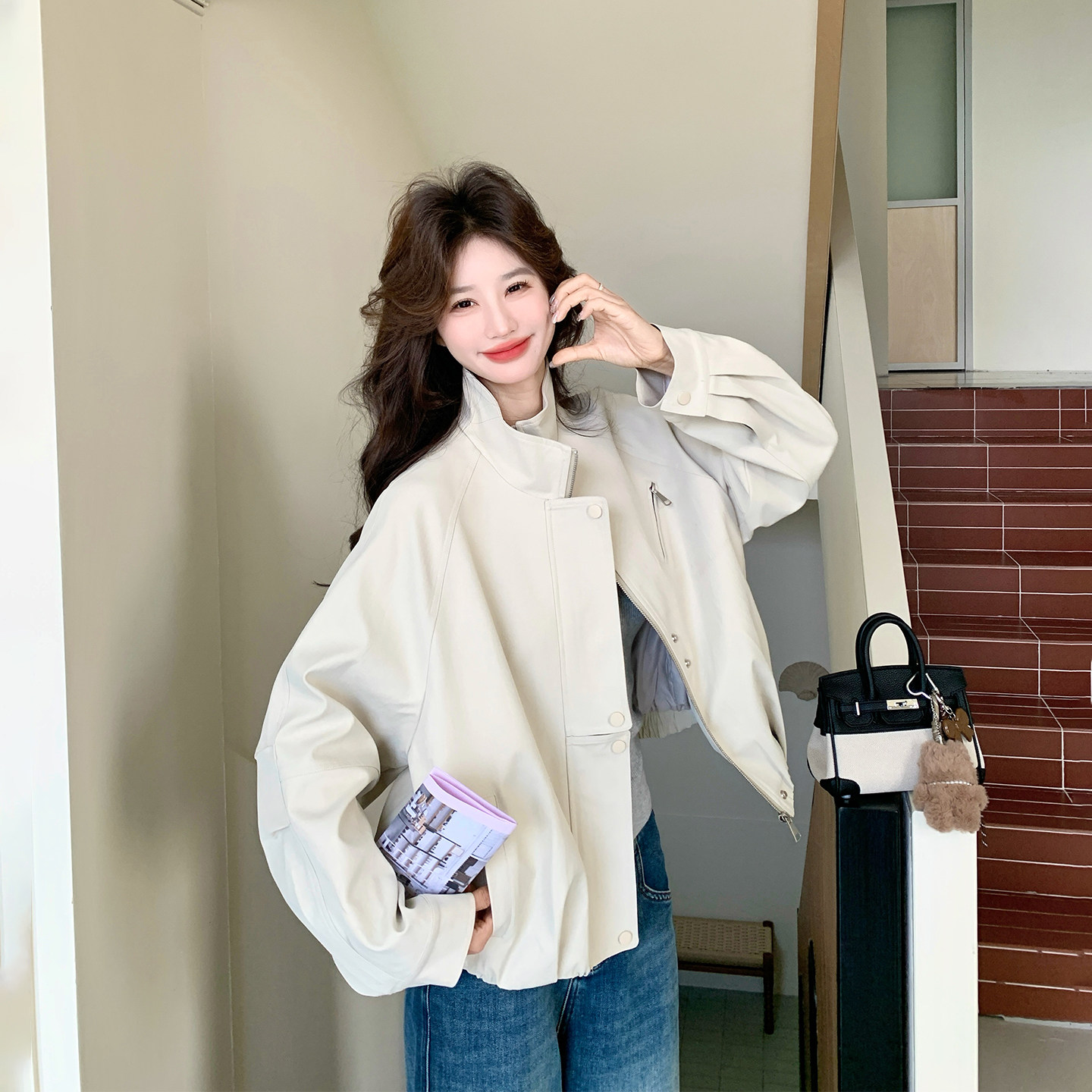 气质高级感米白色短款立领外套女春季2026新款小个子百搭减龄夹克