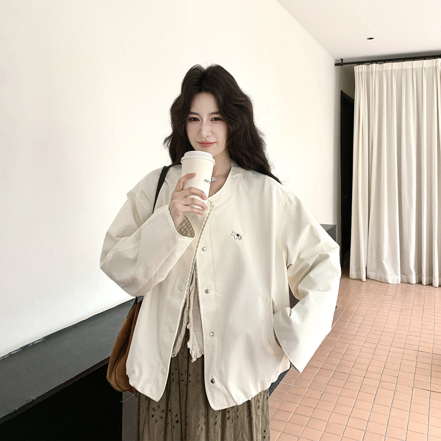 今年流行爆款米白色圆领短款外套女春季2026新款小个子夹克巨好看