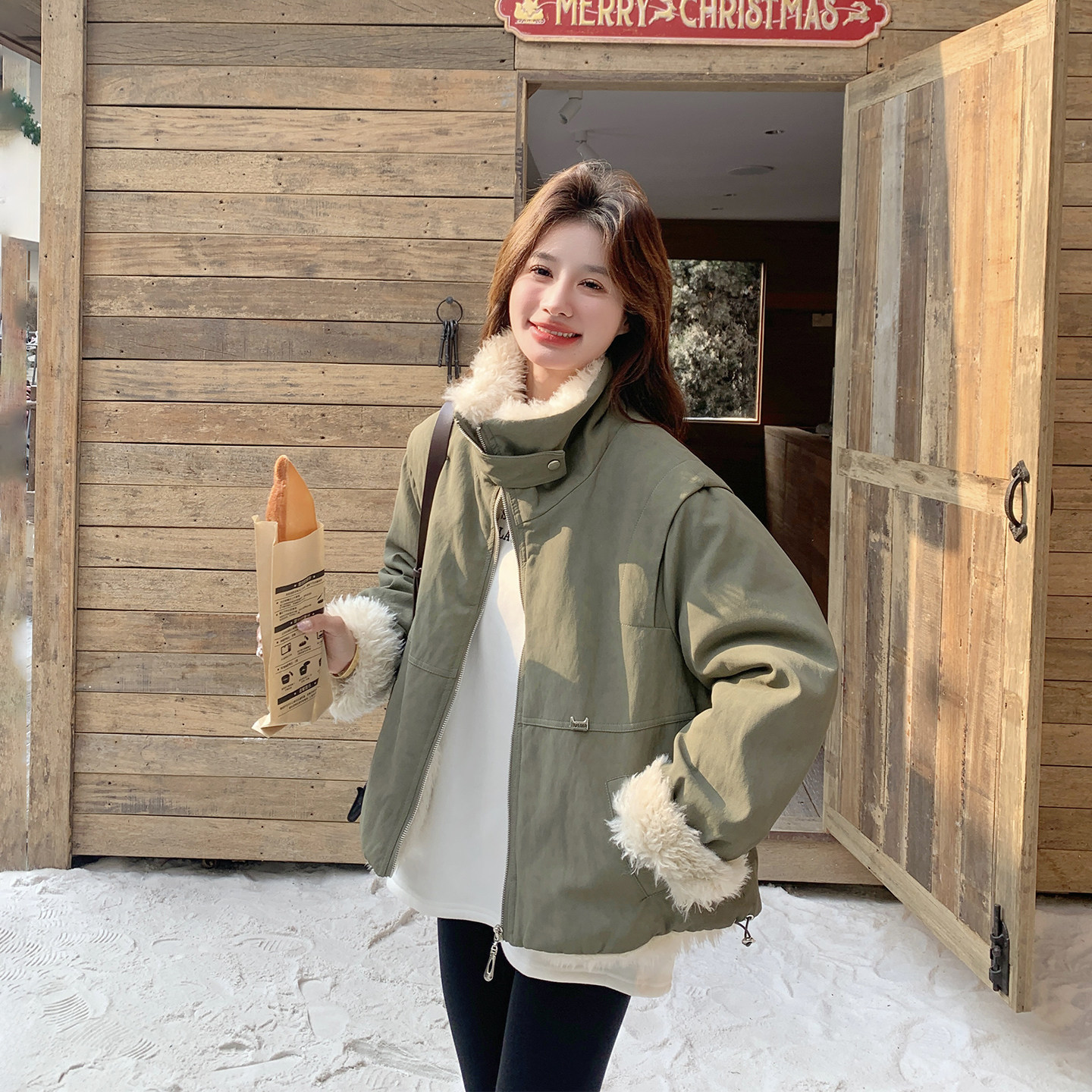 军绿色韩系休闲加绒加厚外套女冬