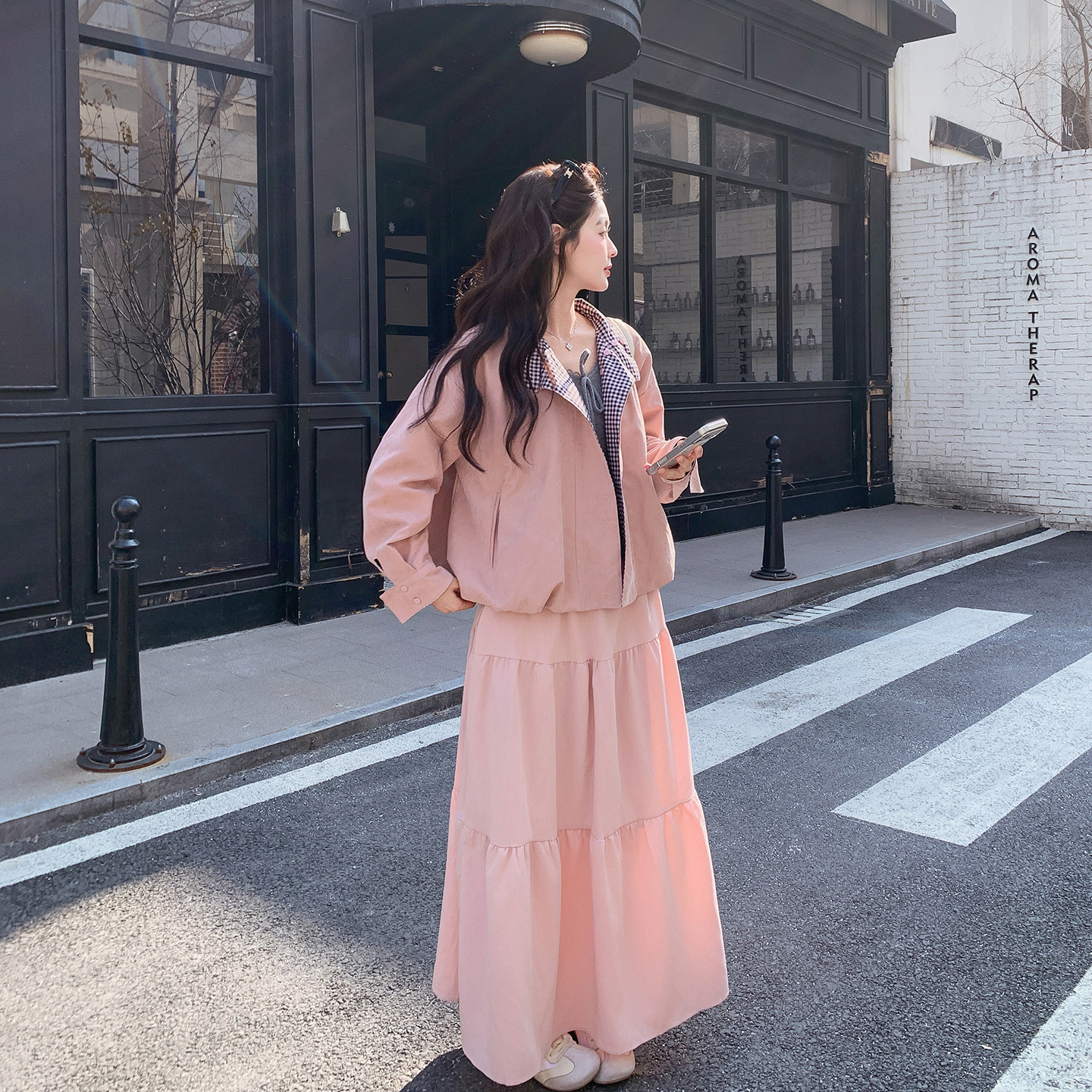 两面穿格子粉色外套半身裙套装女春季2026新款工装减龄超火两件套