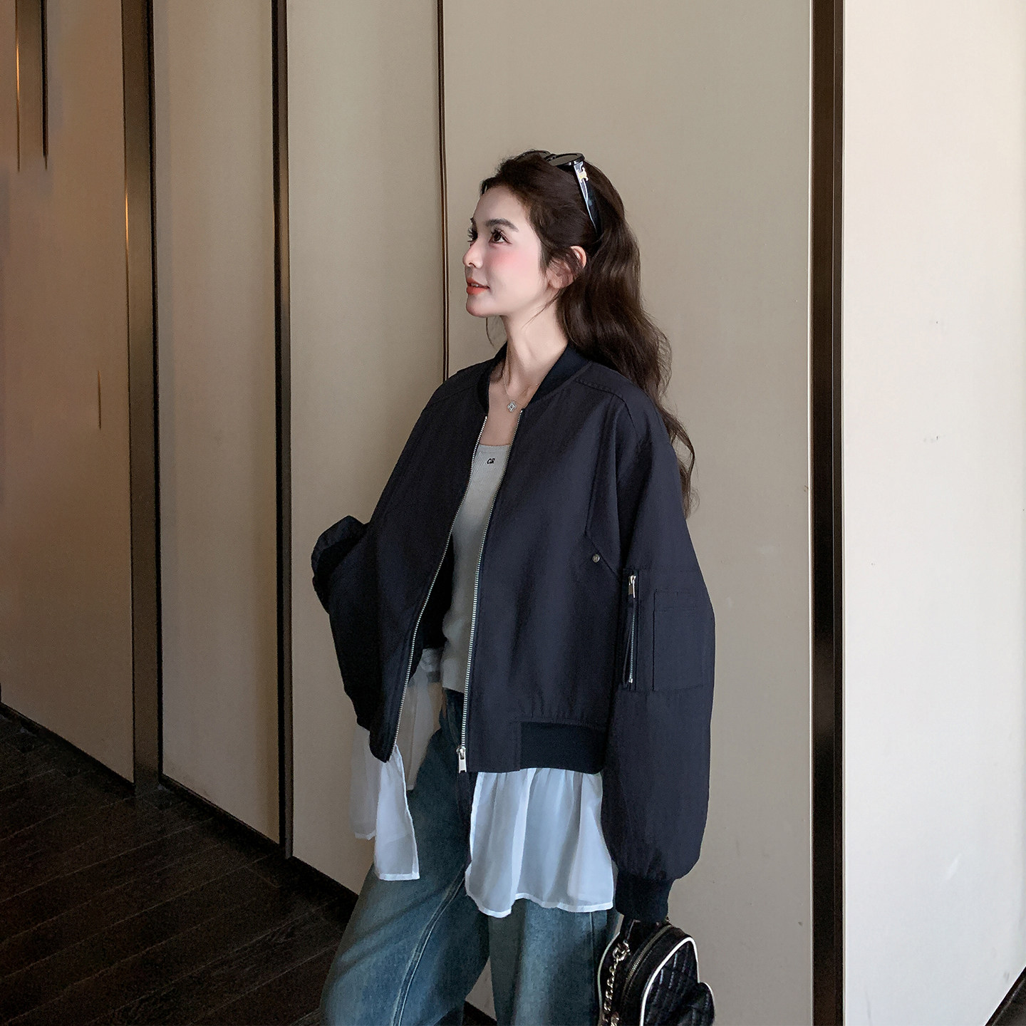 网纱拼接黑色减龄短款外套女春季2026新款设计感小个子棒球服夹克