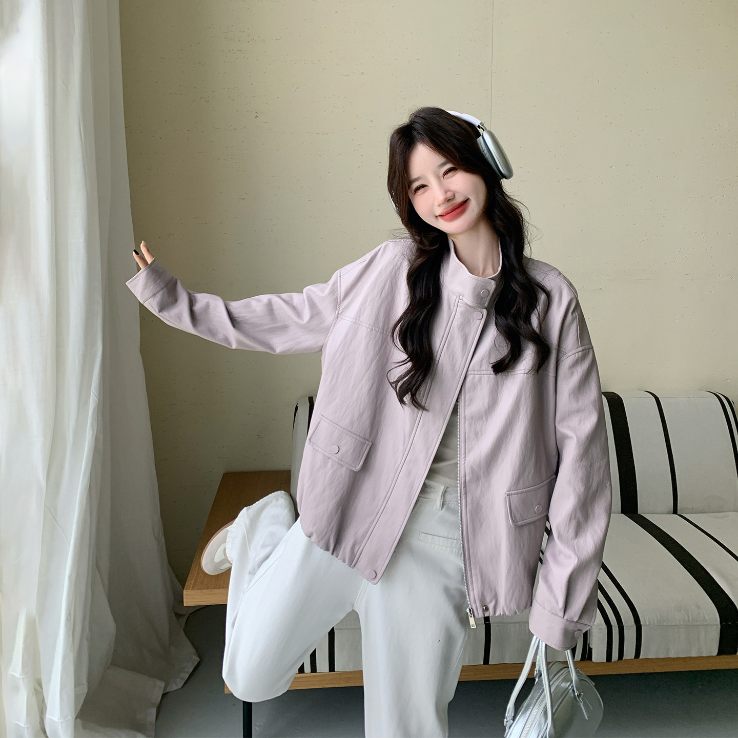 休闲减龄超火紫色立领皮衣外套女