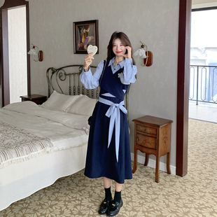 学院风拼接假两件条纹连衣裙女春季2026新款今年流行爆款衬衫长裙
