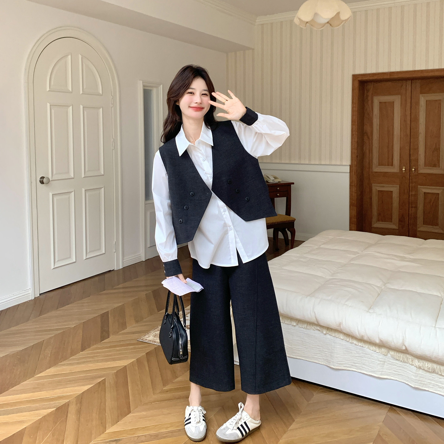 韩系穿搭一整套马甲衬衫阔腿裤套装女春季2026新款大方得体三件套
