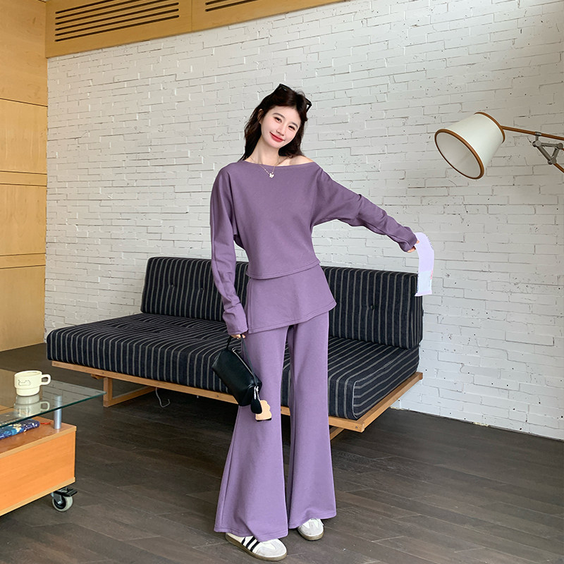 优雅巨好看紫色露肩卫衣套装女春季2026新款甜美屁帘阔腿裤两件套