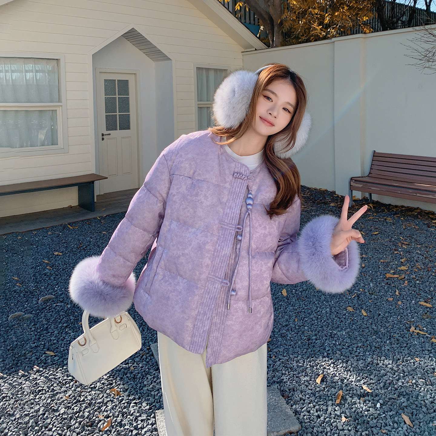 真狐狸毛新中式国风紫色羽绒服女冬季2025新款甜美圆领白鸭绒外套