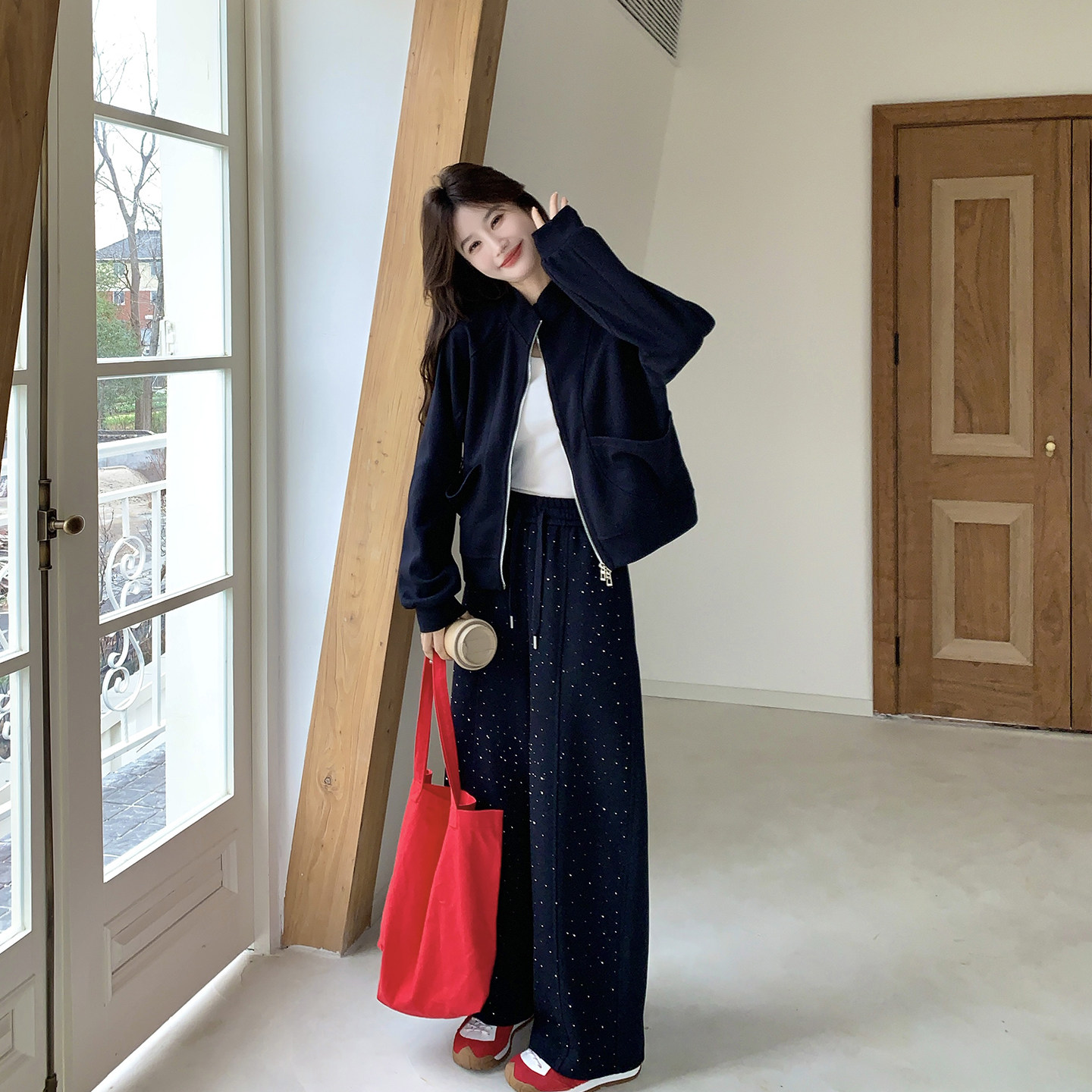 减龄休闲藏青色立领上衣亮片阔腿裤套装女春季2026新款超火两件套