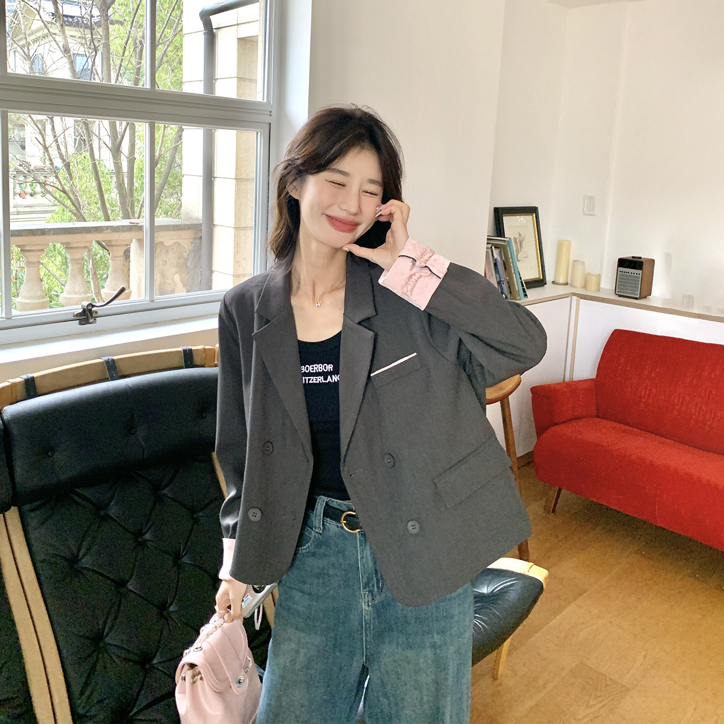 新中式国风拼接灰色西装外套女春季2026新款小个子短款巨好看西服