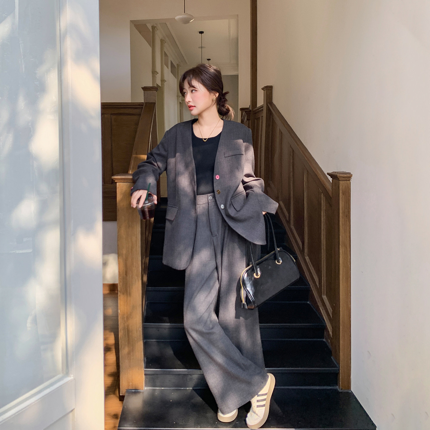 灰色气质V领西装外套阔腿裤套装女春季2026新款高级感轻熟两件套