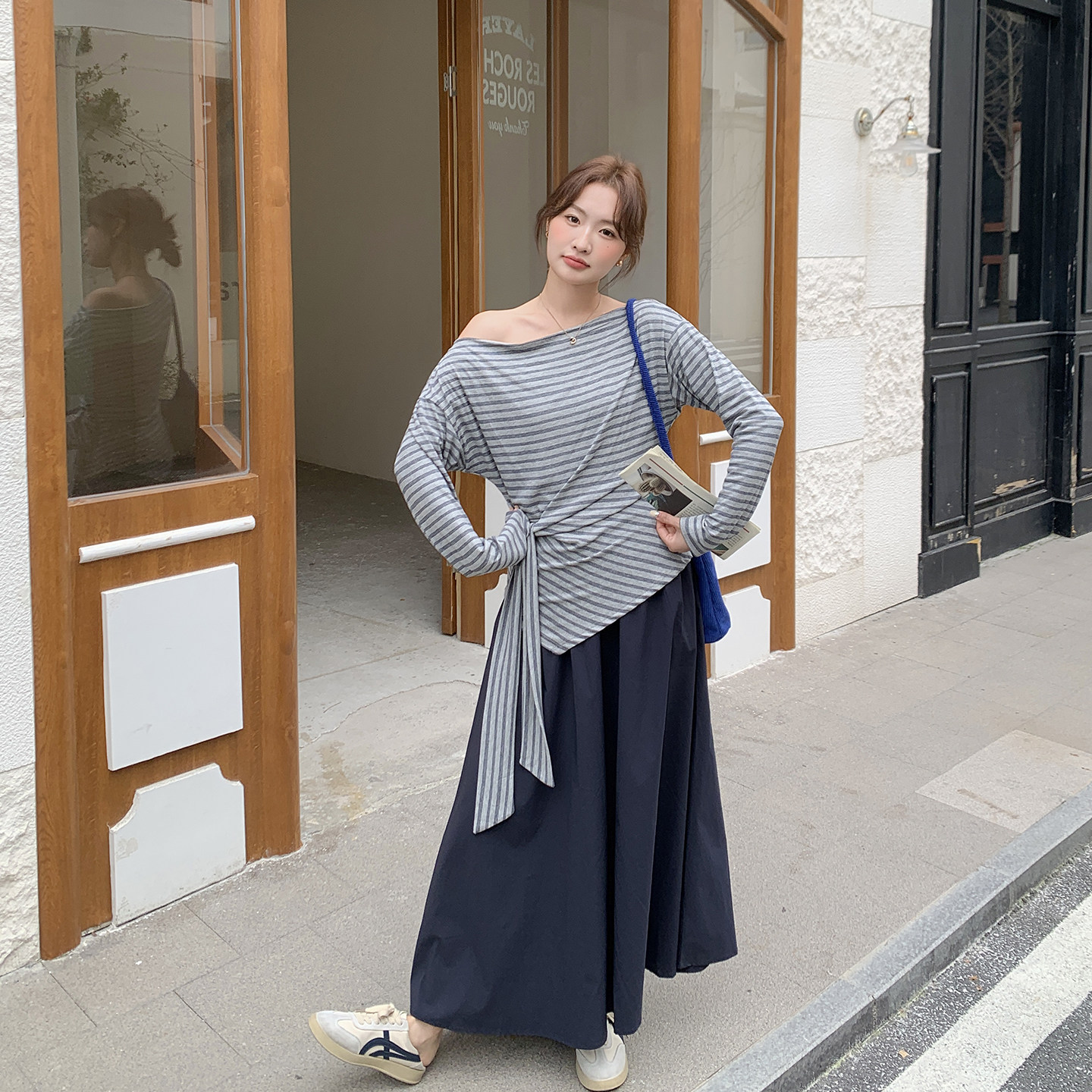法式假两件拼接条纹露肩连衣裙女