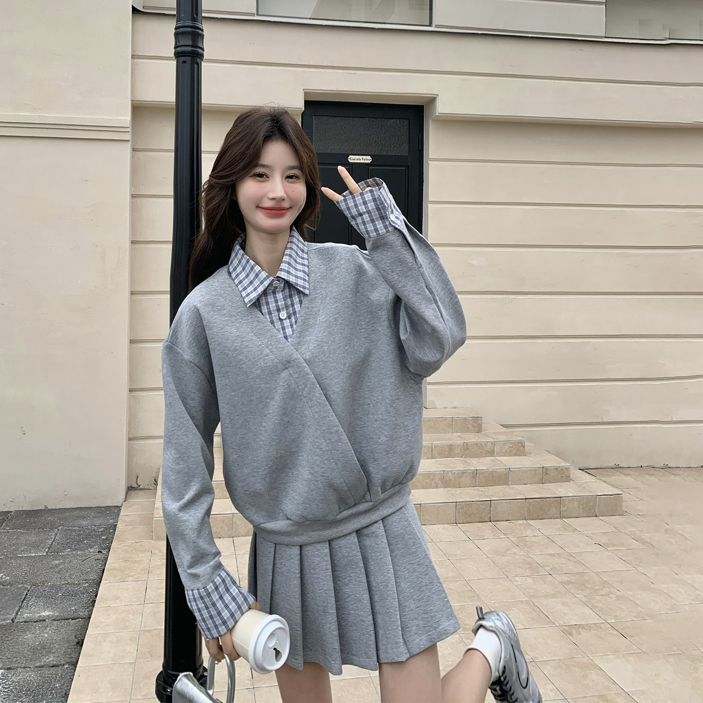 小个子减龄灰色格子拼接卫衣套装女春季2026新款休闲百褶裙两件套