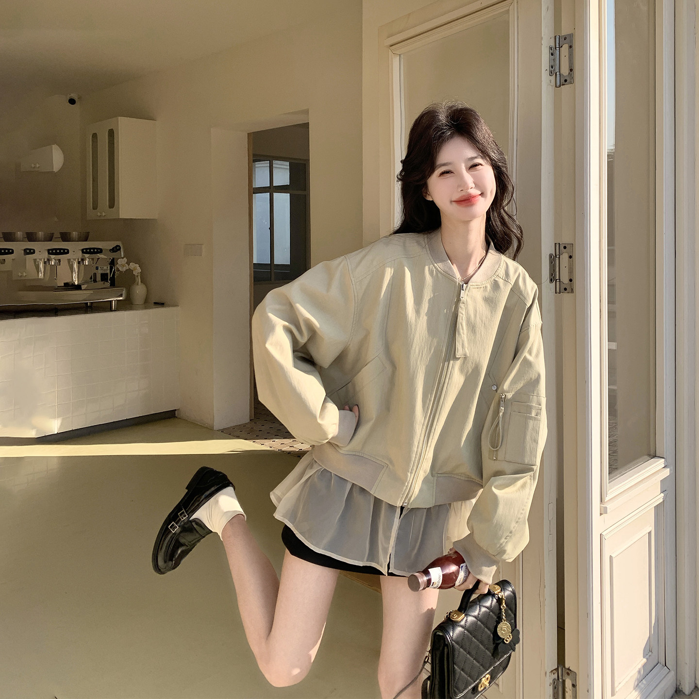 网纱拼接卡其色棒球服短外套女春季2026新款减龄高级感小个子夹克