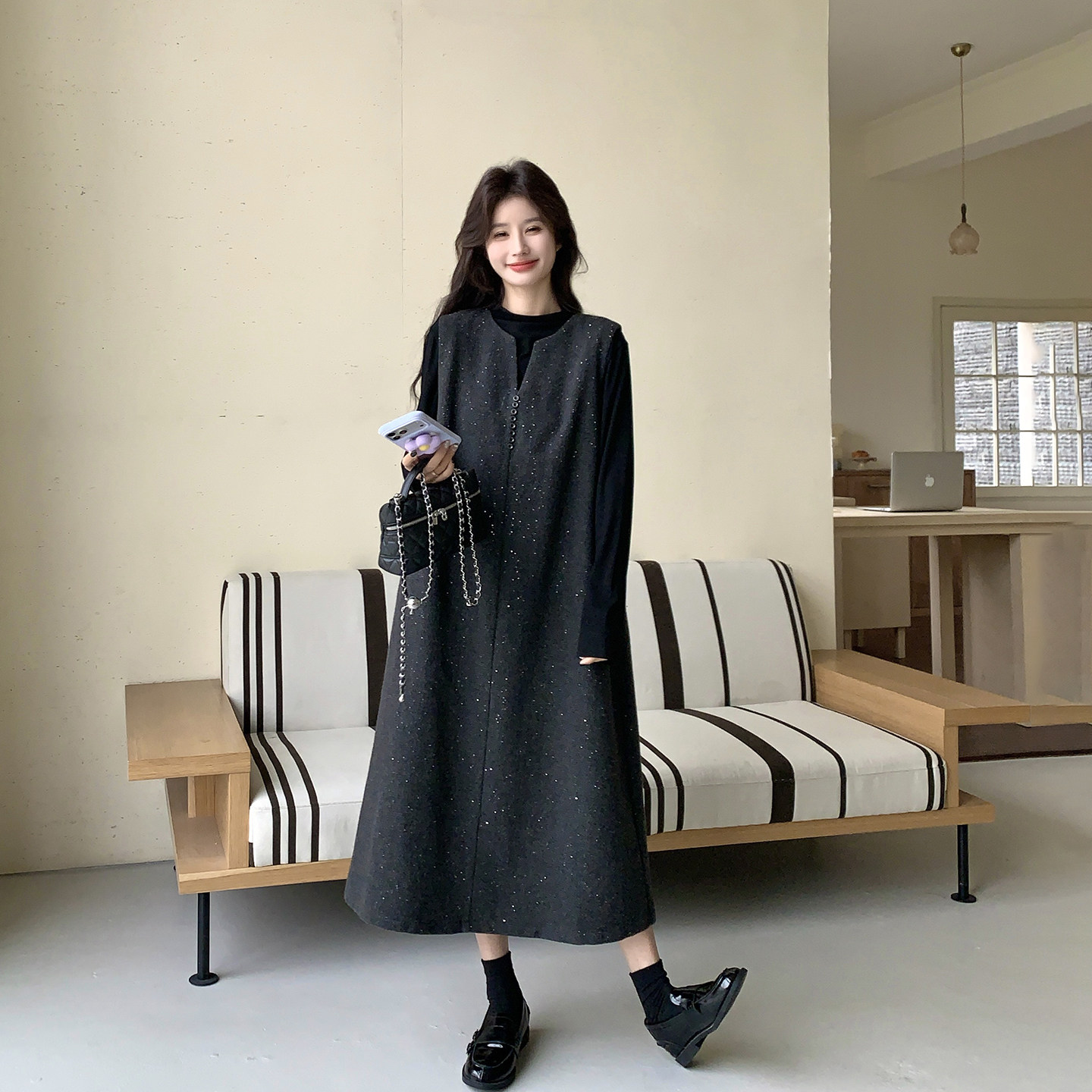 高级感亮片灰色背心连衣裙套装女