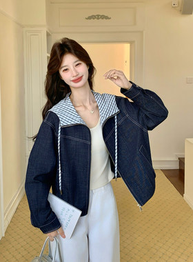 撞色拼接文艺格子连帽牛仔外套女