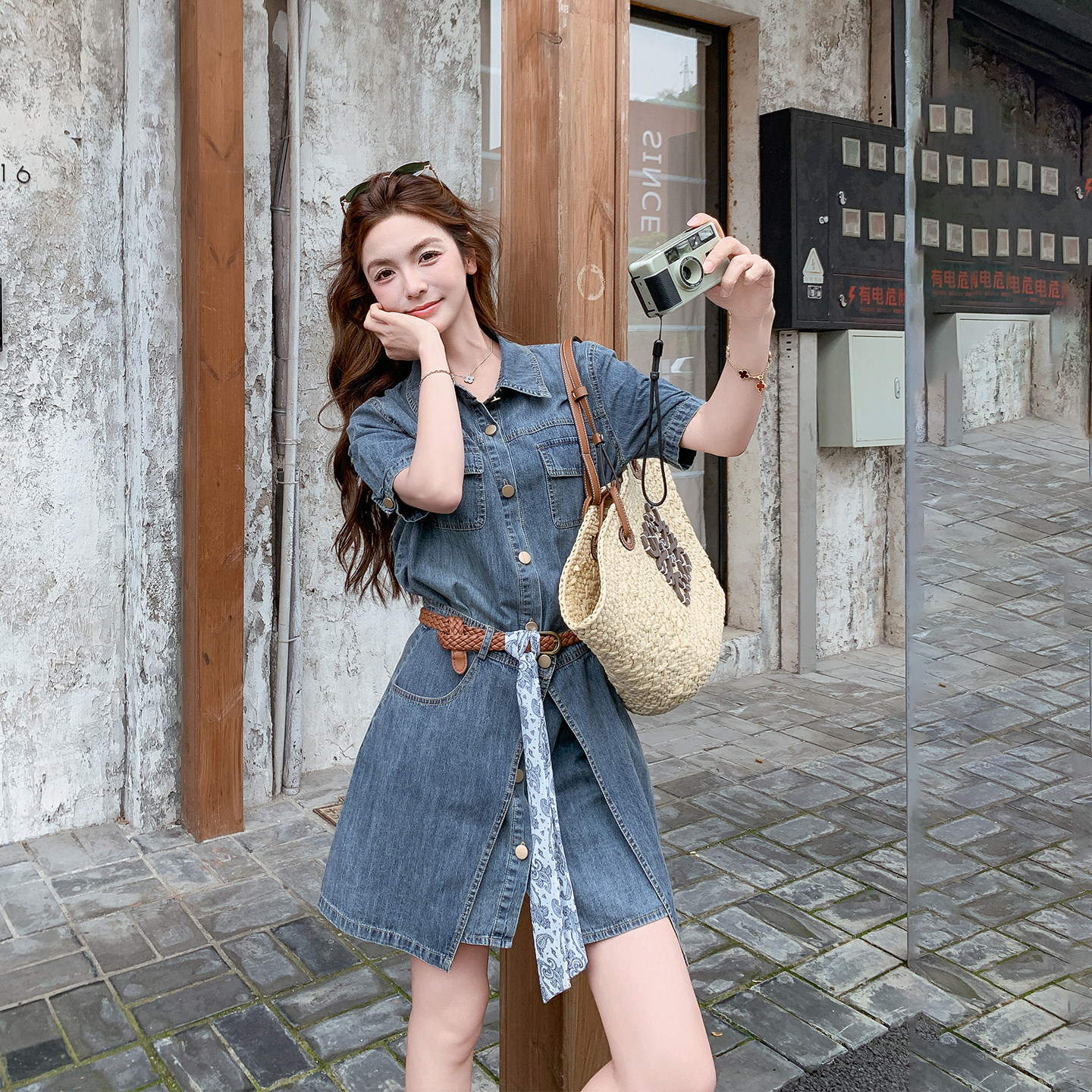甜酷风翻领牛仔连衣裙套装女夏季