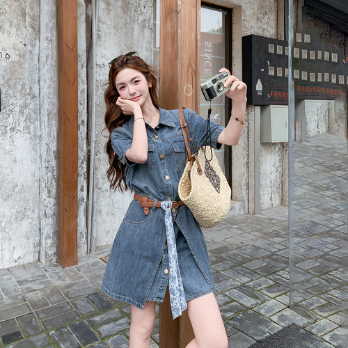 甜酷风翻领牛仔连衣裙套装女夏季