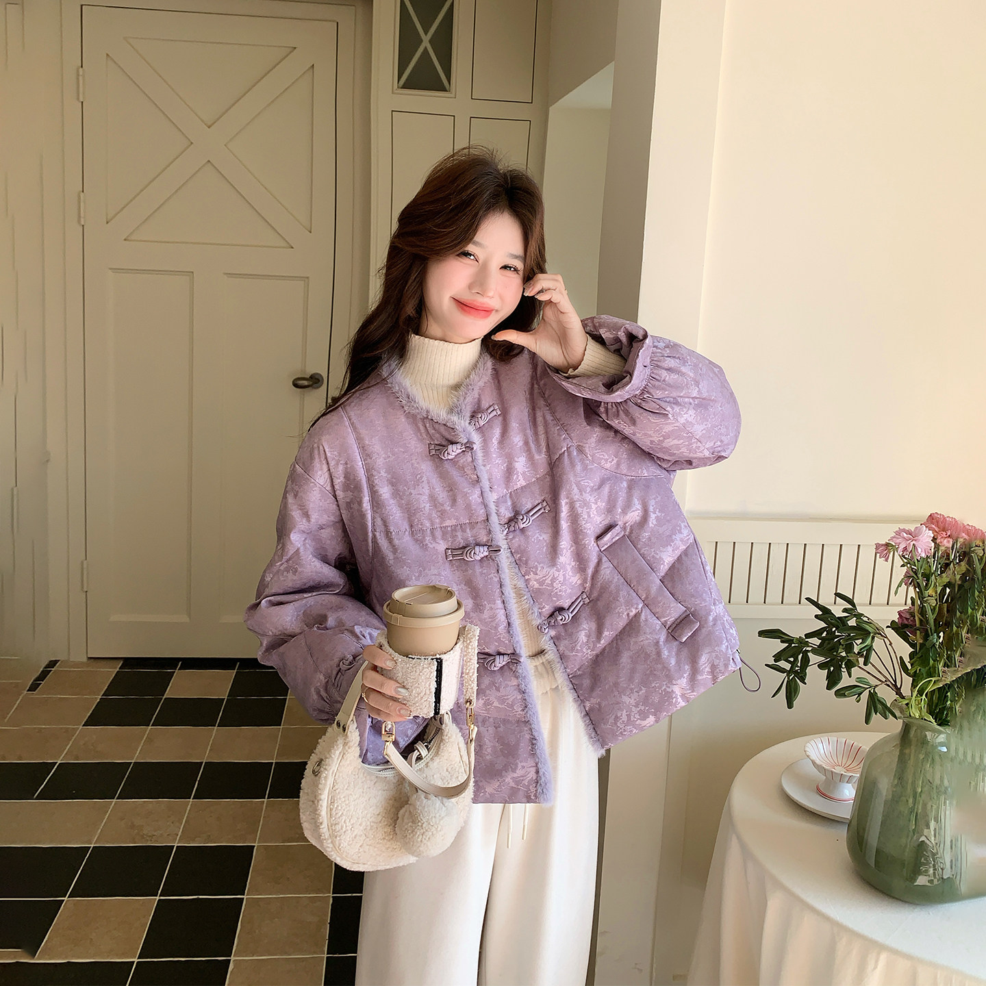 新中式国风紫色毛毛拼90羽绒服女冬季2025新款小个子巨好看短外套