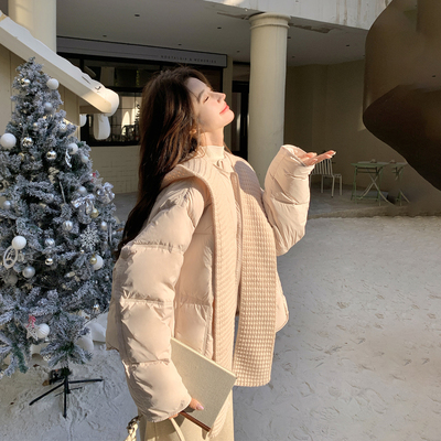 针织连帽粉色圆领羽绒服女冬新款