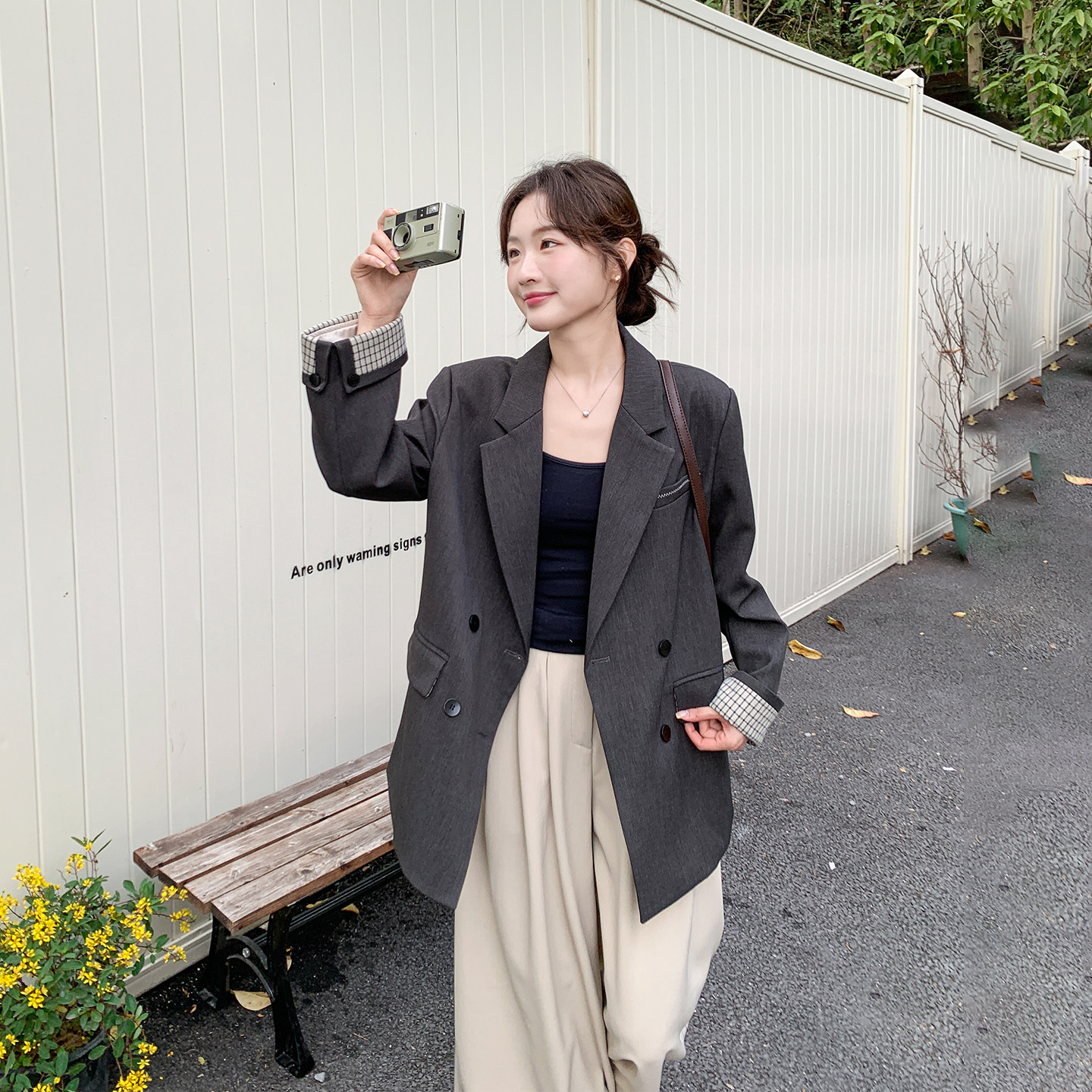 深灰色格纹拼接西装外套女春季2026新款高级感小个子流行百搭西服