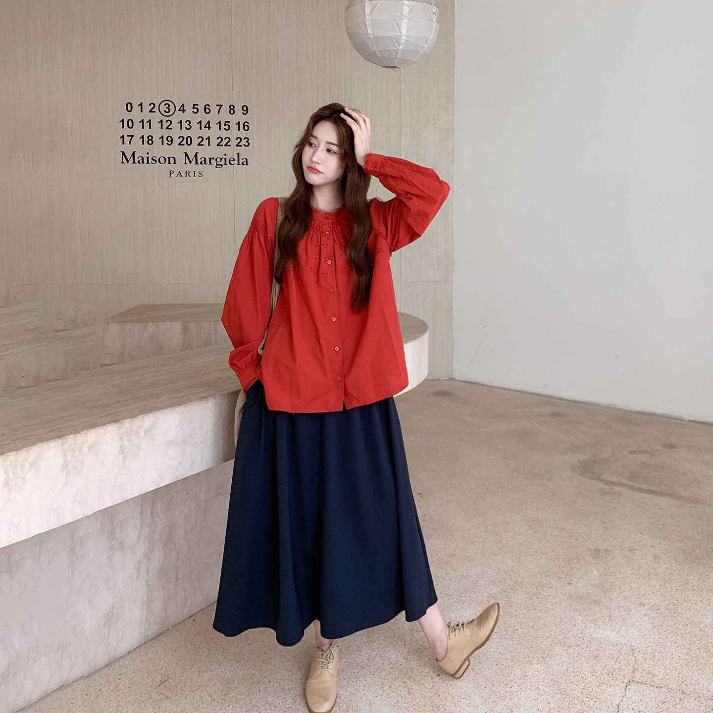 韩式搭配一整套镂空花边红色衬衫套装女春季2026新款半身裙两件套