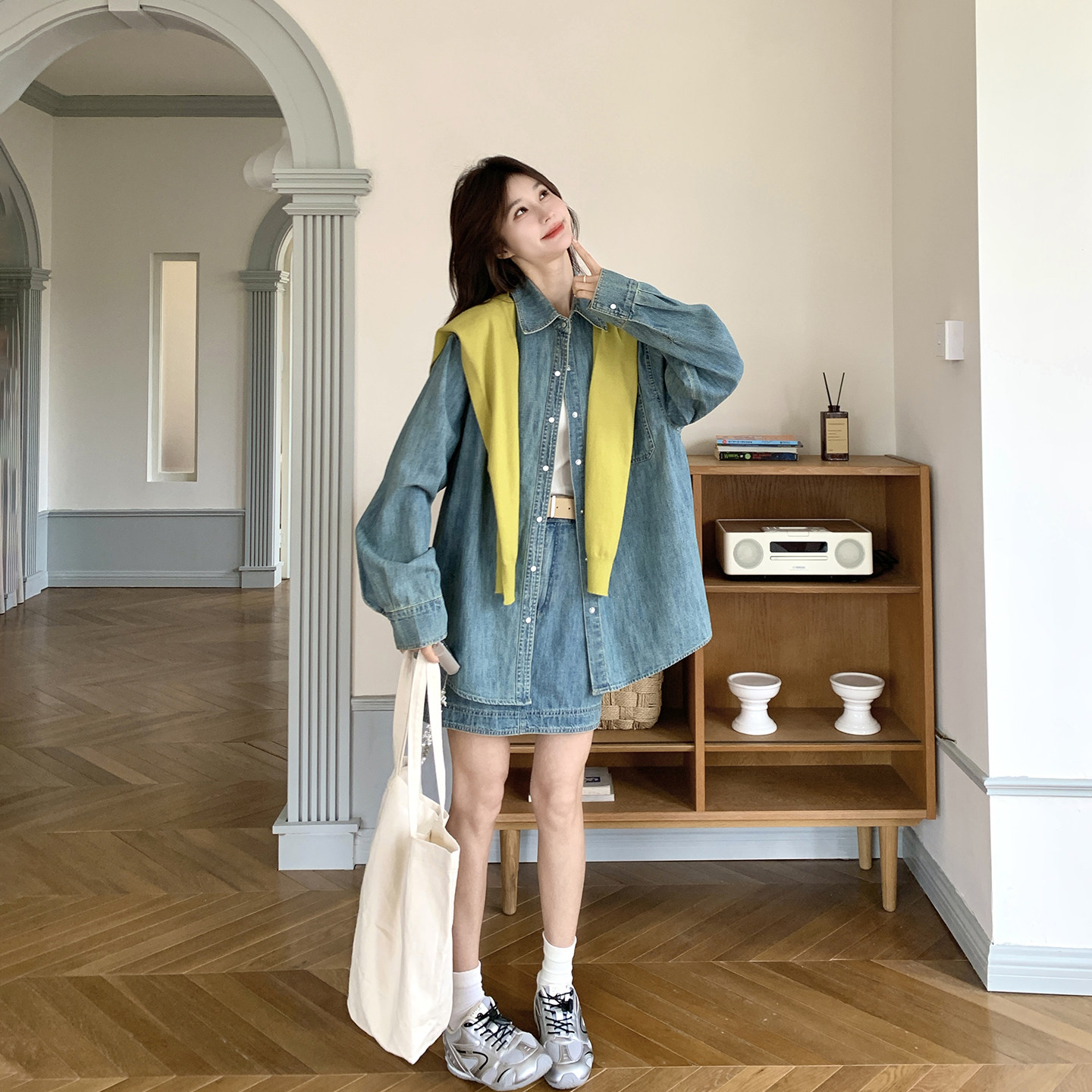 复古蓝色少女感牛仔衬衫短裙套装