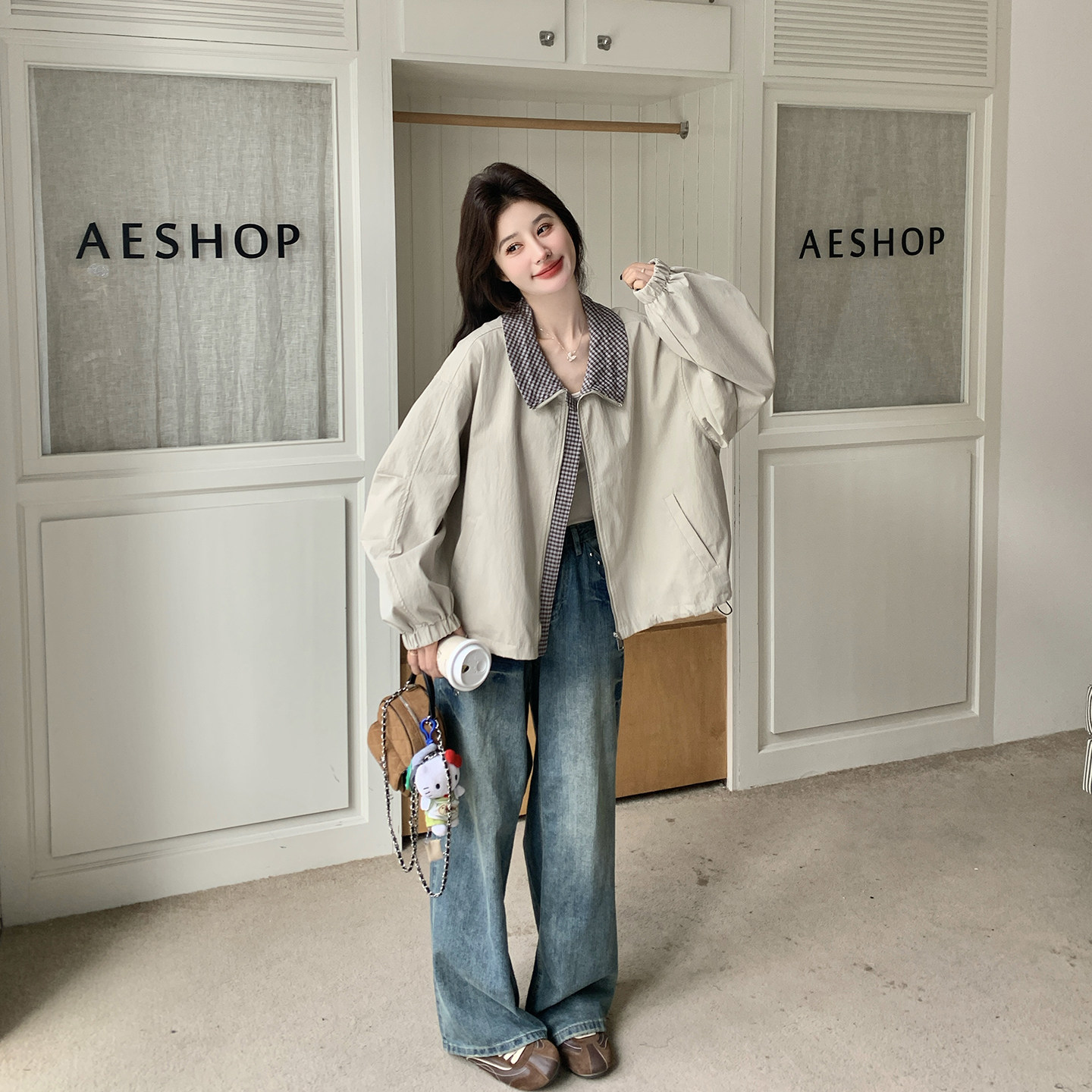 格子拼接宽松翻领短款外套女春季2026新款小个子今年流行爆款夹克