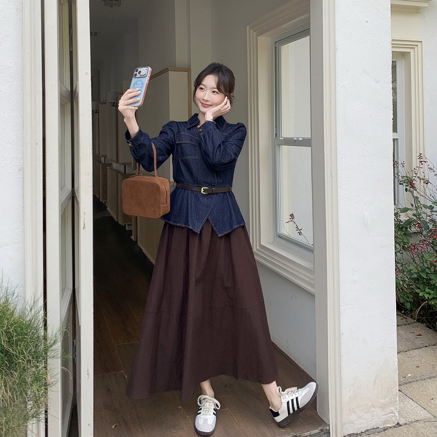 老钱风ootd穿搭牛仔衬衫半身裙套装女春季2026新款超火减龄两件套