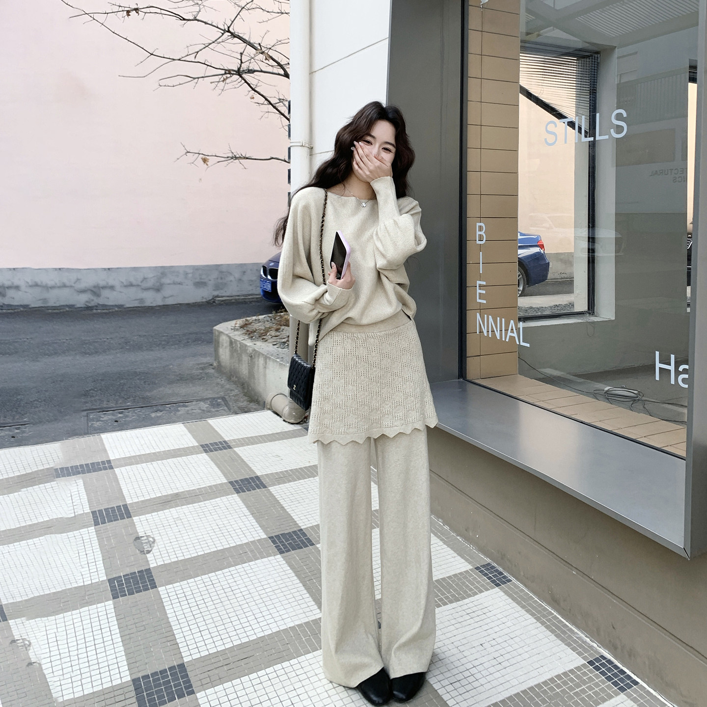 韩系chic蝙蝠袖针织毛衣套装女春季2026新款优雅屁帘阔腿裤两件套