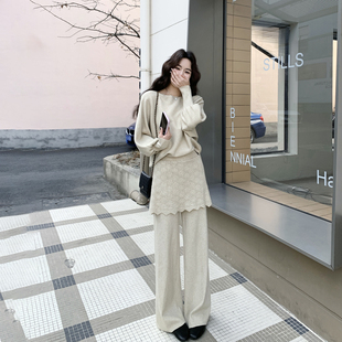 韩系chic蝙蝠袖针织毛衣套装女春季2026新款优雅屁帘阔腿裤两件套