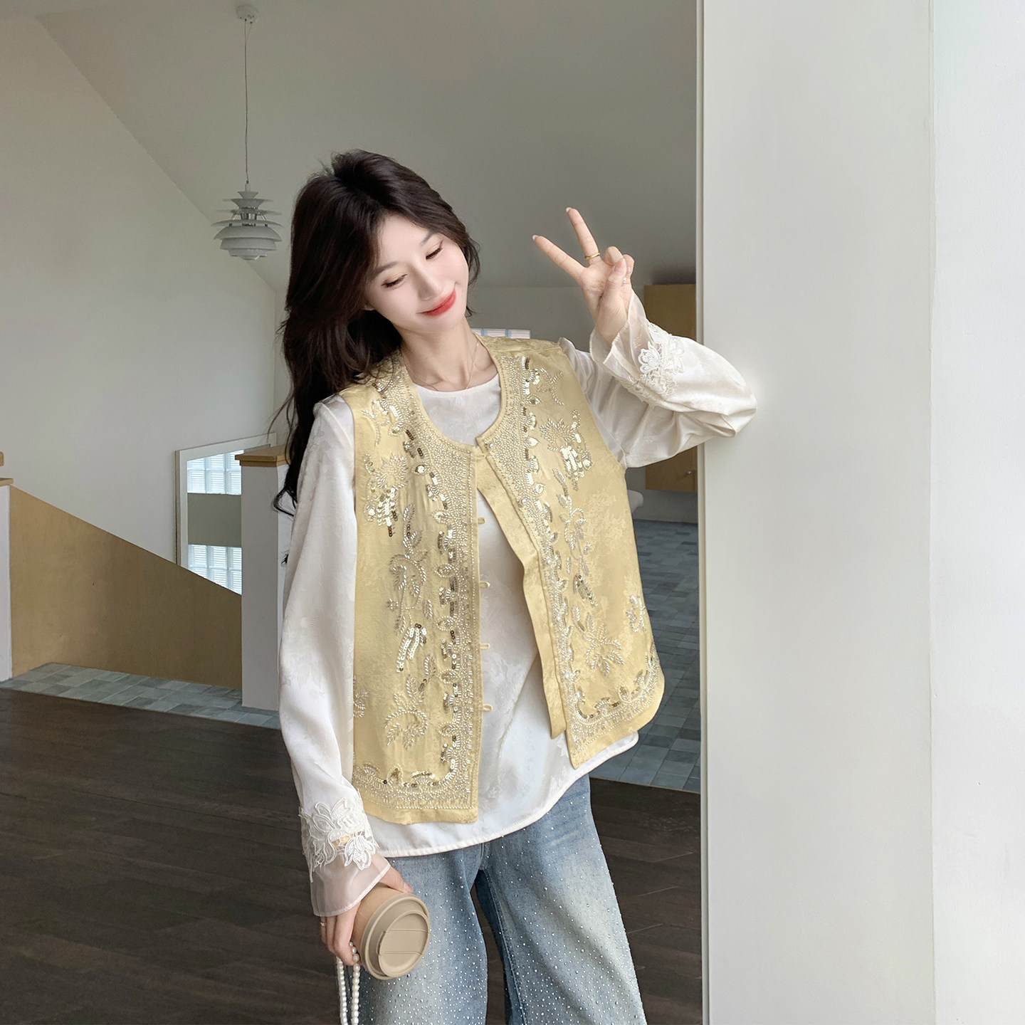高级感新中式国风黄色亮片套装女
