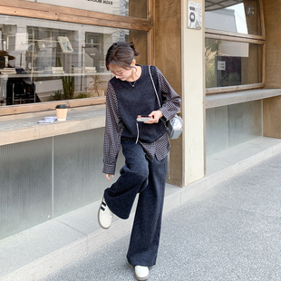 韩系一整套ootd穿搭格子拼接套装女春季2026新款上衣阔腿裤两件套