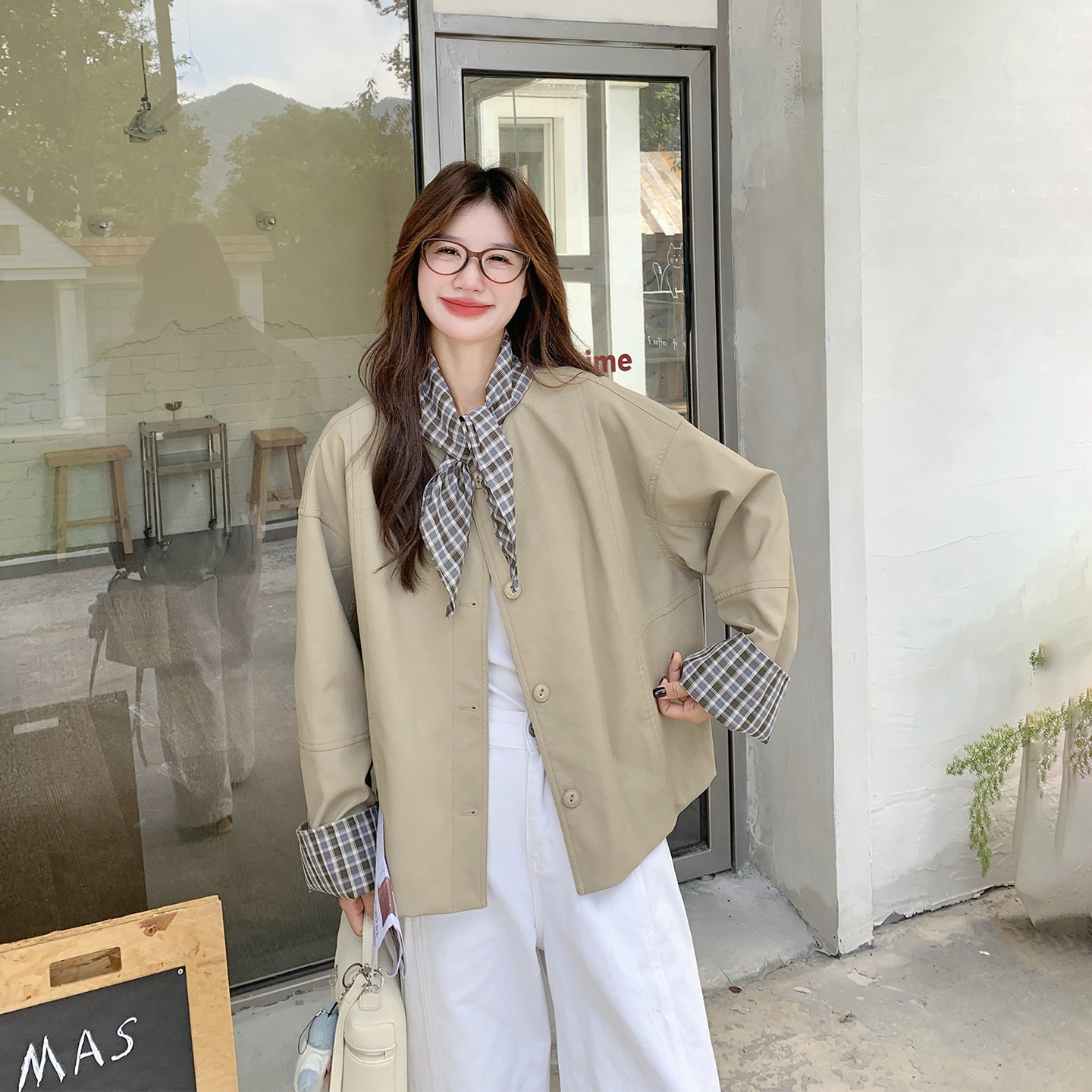 格子拼接休闲复古圆领短外套女春季2026新款小个子夹克爆款高级感
