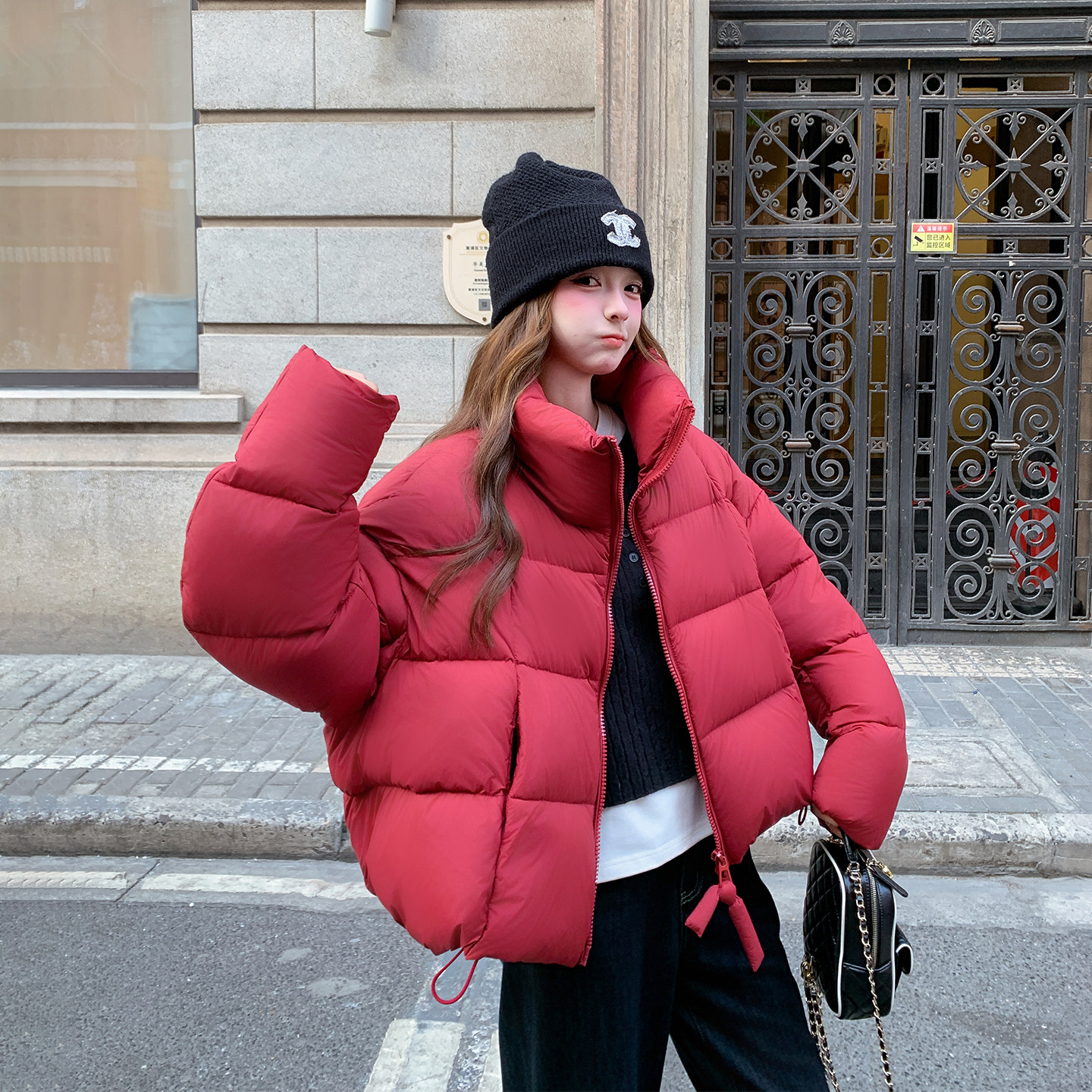 红色立领短款小个子羽绒服女冬季2025新款独特漂亮90绒白鸭绒外套