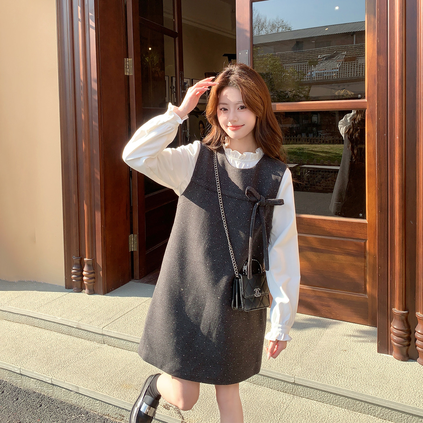 千金风亮片灰色毛呢背心连衣裙套装女春季2026新款气质打底两件套