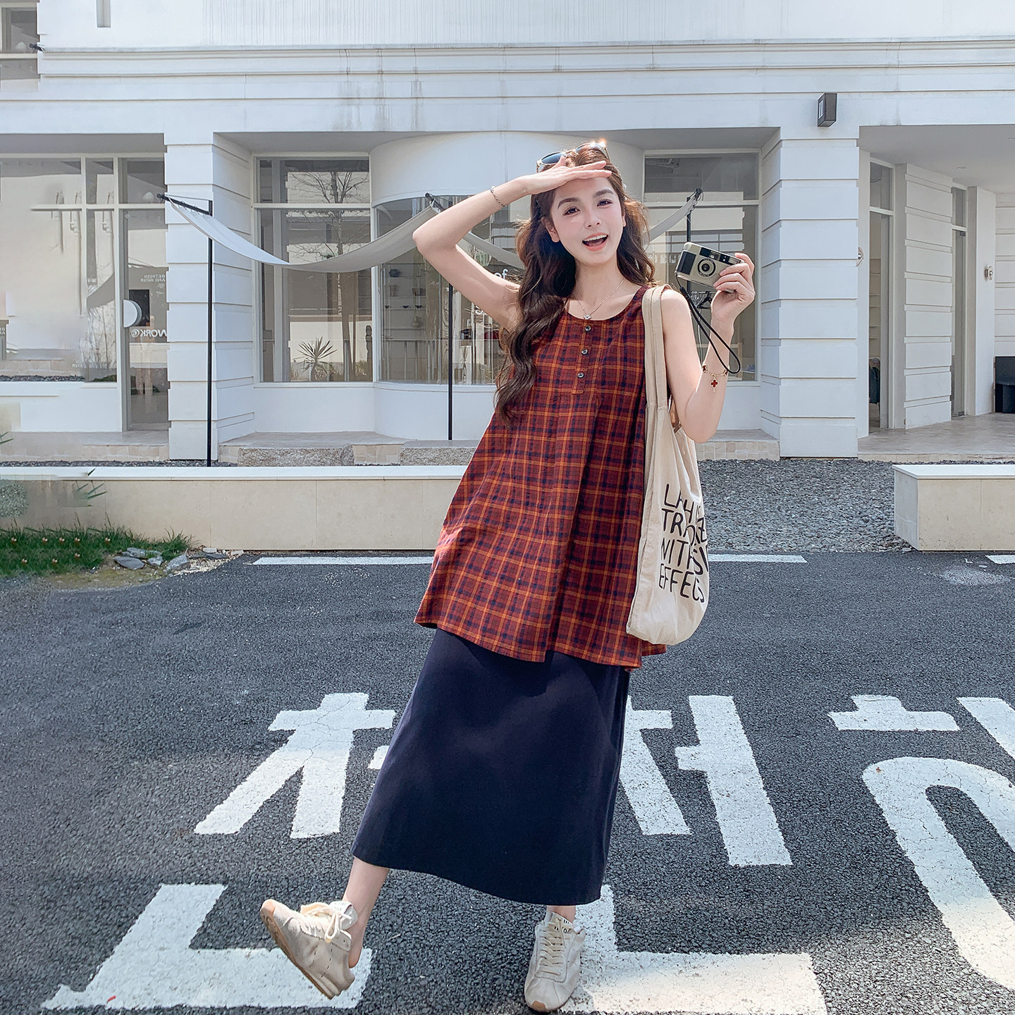 学院风红色格子罩衫吊带连衣裙女