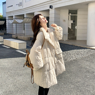 米白色肌理感中长款羽绒服女冬季2025新款90白鸭绒保暖超好看外套