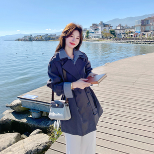 假两件条纹拼接灰色风衣外套女春季2026新款中长款爆款英伦风大衣