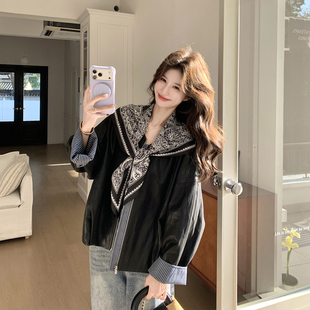 巨好看条纹拼接黑色圆领皮衣外套女春季2026新款小个子减龄PU夹克