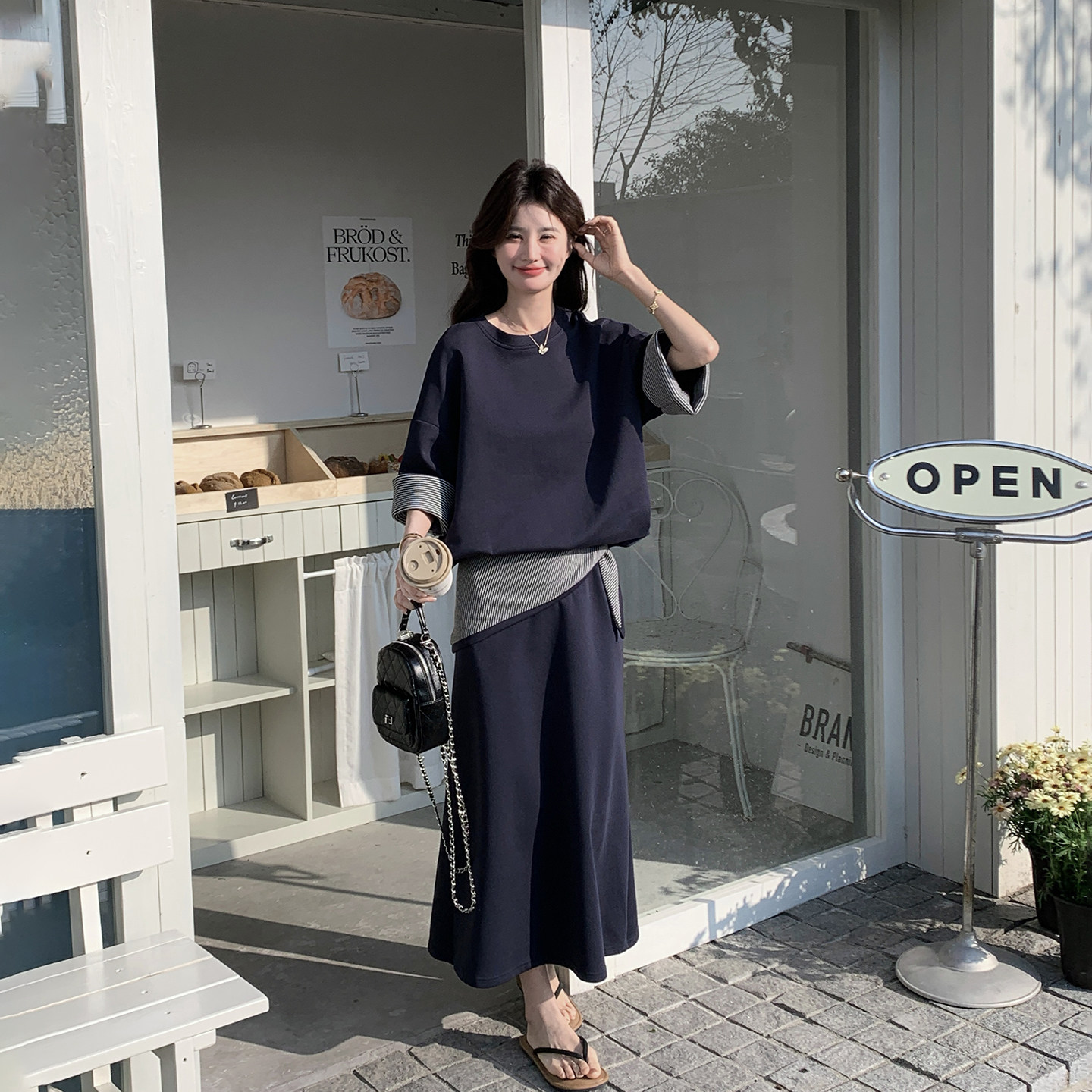 藏青色休闲运动卫衣披肩套装女夏季2026新款韩系穿搭半身裙三件套