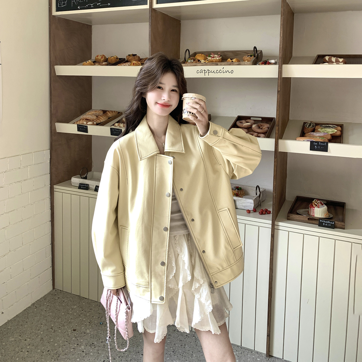 设计感明线黄色皮衣外套女春季新