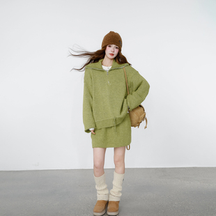 绿色针织毛衣短裙套装女春季2026新款小个子慵懒风百搭外套两件套